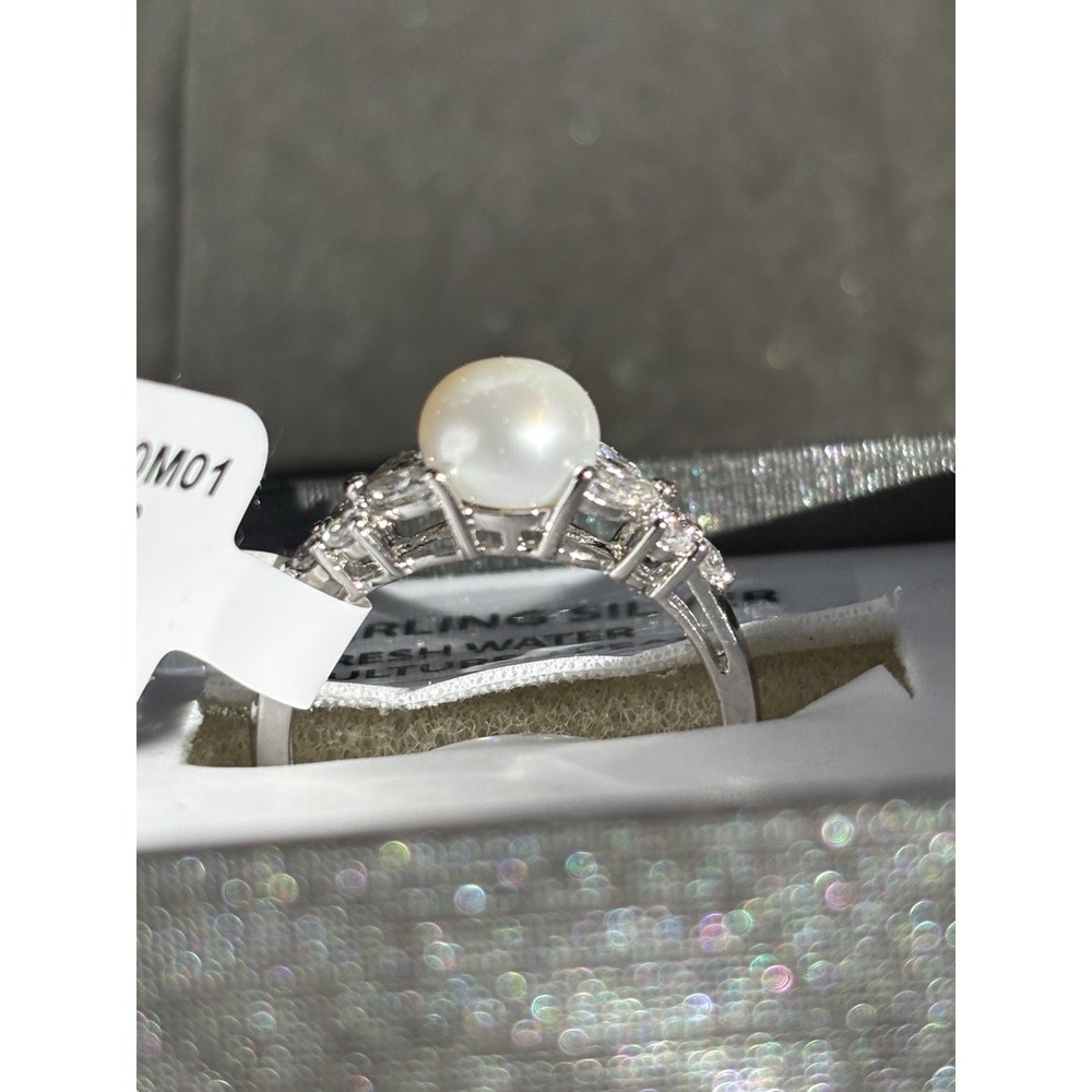 New With Box Sterling Silver 925 Freshwater Pearl Rhinestone Size 7 Ring - Picture 2 of 5
